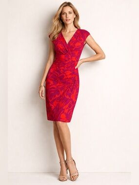 Lauren Ralph Lauren Floral Stretch Sheath Dress Ruched V-Neck Pink Red Size 10